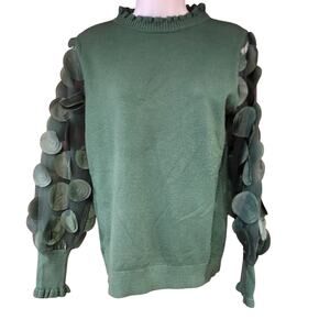 Sioni Milano Green Frill High Neck Sweater With Embellished‎ Mesh Sleeves Sz M